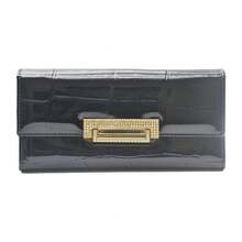 Long Genuine Leather Wallet Women, Patent Leather With Stone Pattern And Clasp Clutch Bag - Black - View 1