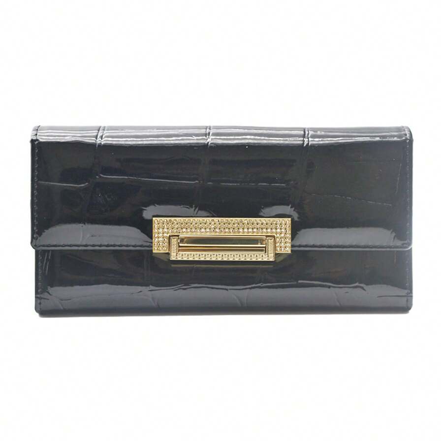 Long Genuine Leather Wallet Women, Patent Leather With Stone Pattern And Clasp Clutch Bag - Black - View 1