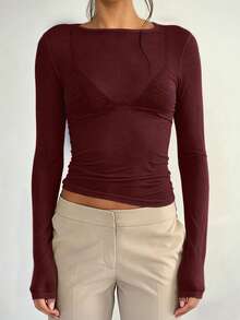 Y2K Style Elastic Sheer Long Sleeve Crew Neck Fitted T-Shirt Top - Burgundy - View 4