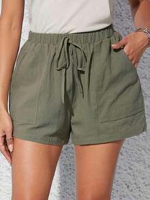 2 Paquetes de Pantalones cortos con cintura elástica sólida, cintura con lazo y bolsillos en diagonal - Verde Oliva - Ver 4