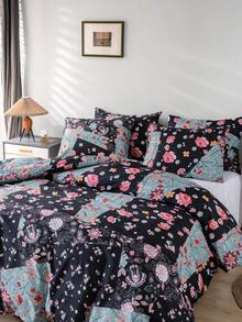 Bộ ga trải giường phong cách đồng quê 3 món (2 vỏ gối, 1 vỏ chăn, không bao gồm chăn bông), bộ ga trải giường mềm mại và thoáng khí với họa tiết hoa trang nhã, phù hợp cho mọi mùa, tạo không gian ấm cúng cho phòng ngủ hoặc ký túc xá, món quà lý tưởng. - Đen và xanh - Xem 6