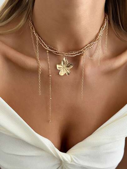 1pc Vintage Elegant Metal Five-Petal Flower Pendant Necklace, Multi-Layer Pearl Beaded Necklace, Tassel Chain Choker Necklace, Suitable For Women's Daily Wear