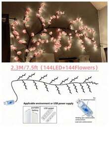 1个樱花枝形LED灯，USB供电，8种闪烁模式，柔软可弯曲，适用于室内外，客厅、卧室、墙面装饰，婚礼装饰，派对氛围灯，情人节、生日和毕业礼物 - 彩色 - 查看 14