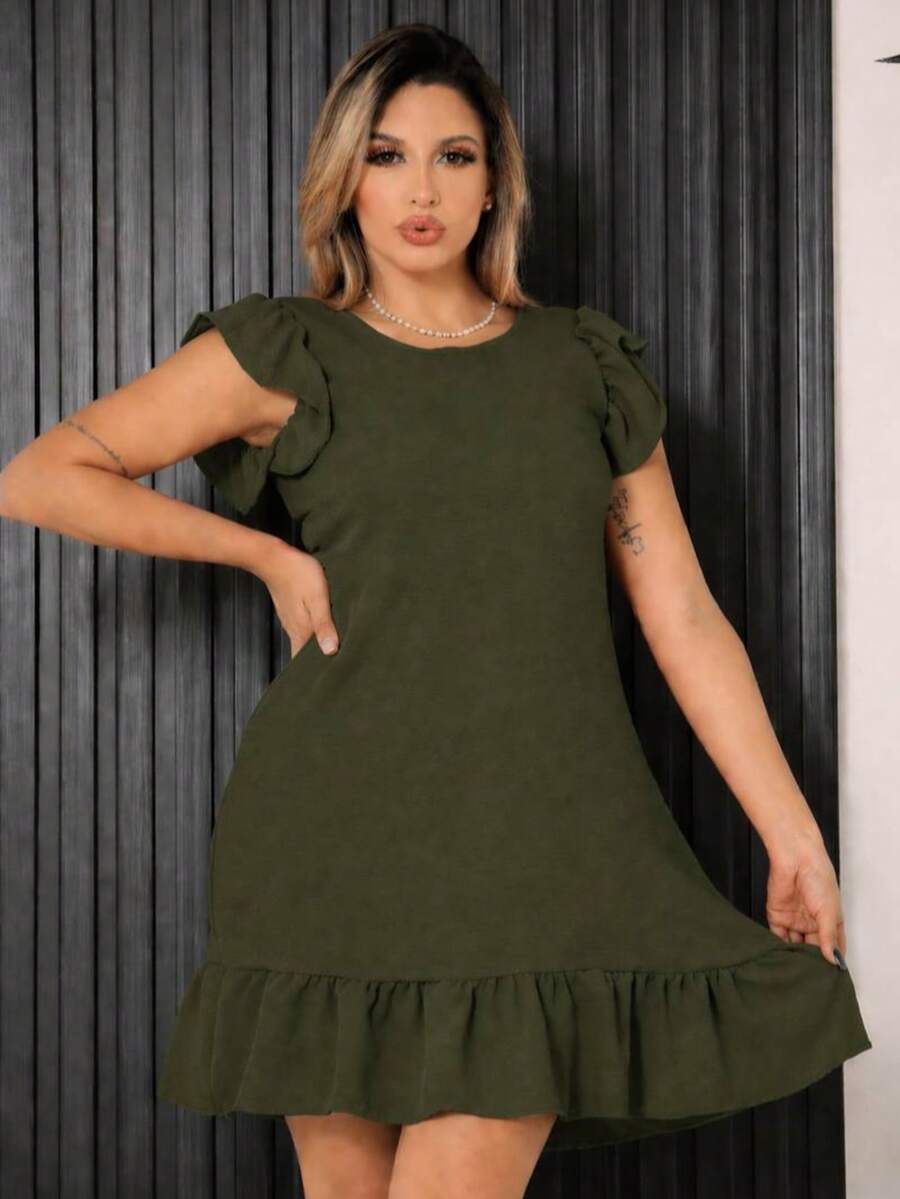 Plus Size Midi Dress, Fits Large And Small Sizes, With Ruffled Princess Sleeves, Puff Sleeves, And A Loose Fit, Dune Color. - Army Green - View 1