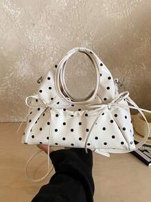 Dot Drawstring Tote Bag, Cute Knot Handle Soft PU Shoulder Bag, Multi-Pocket Crossbody Handbag For Y2K Daily Outfit Korean Style Polka Dot Hobo Bag, - Multicolor - View 2