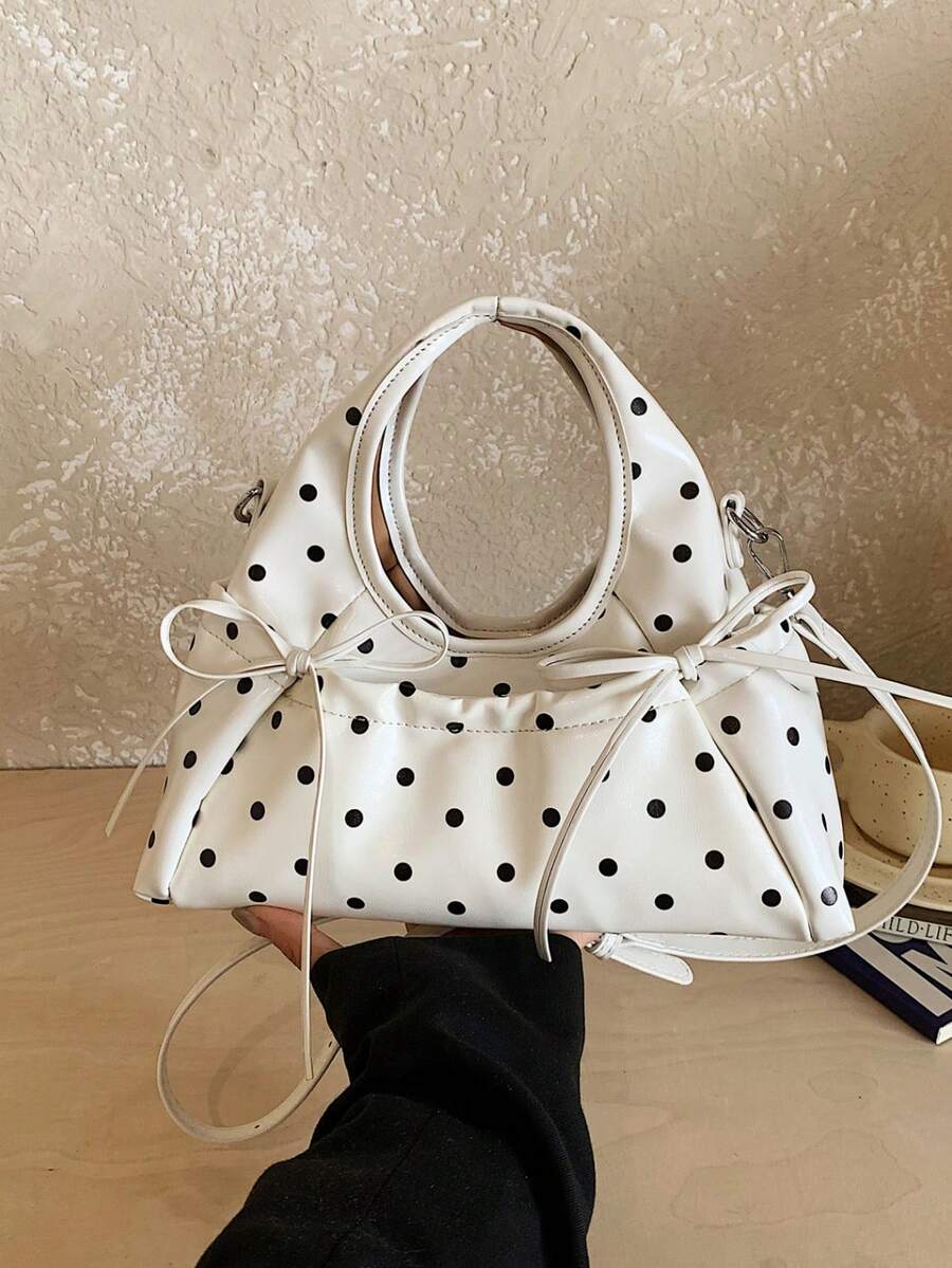 Dot Drawstring Tote Bag, Cute Knot Handle Soft PU Shoulder Bag, Multi-Pocket Crossbody Handbag For Y2K Daily Outfit Korean Style Polka Dot Hobo Bag,