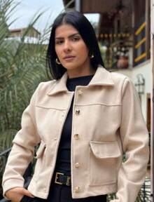 Women's Jacket With Faux Buttons, Woolen Fabric, Winter Fashion - Beige - View 2