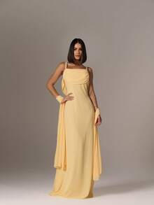 Elegant, Non-Sparkly Chiffon Long Party Dress With Thin Straps, Perfect For Bridesmaids At A Minimalist Wedding. - 黃色 - 查看 2