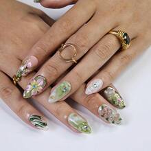 Y2k Press On Nails Dragonfly Pink Flower 3D Nature Nails Long Almond Handmade Spring Nail Art Holiday Vacation Birthday Artisan Reusable False Nails Set Daily Party - S - View 6