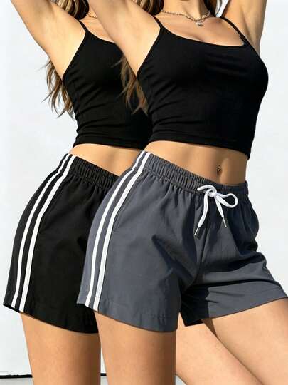 2pcs Women's Striped Sports Shorts - Fashionable & Unique, Slim Fit, Suitable For Daily Wear, Outdoor, Off-Road, Running, Jogging, Hiking And Leisure Sports