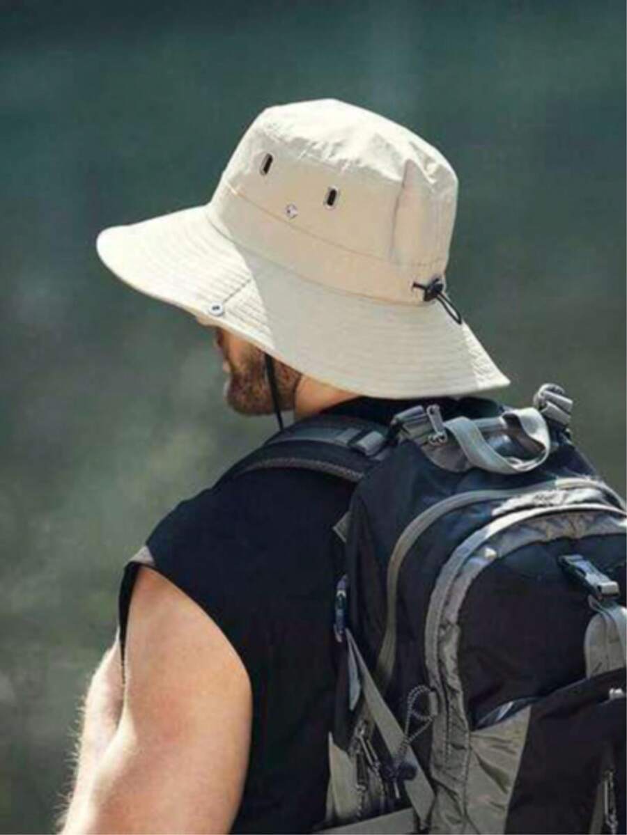 1顶男女通用宽檐防晒帽，透气网眼户外钓鱼露营旅行徒步帽
