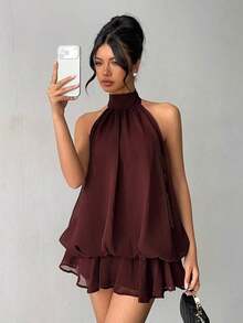 Vestido mini elegante de mujer con cuello halter y lazo en color amarillo claro - Marrón Chocolate - Ver 9