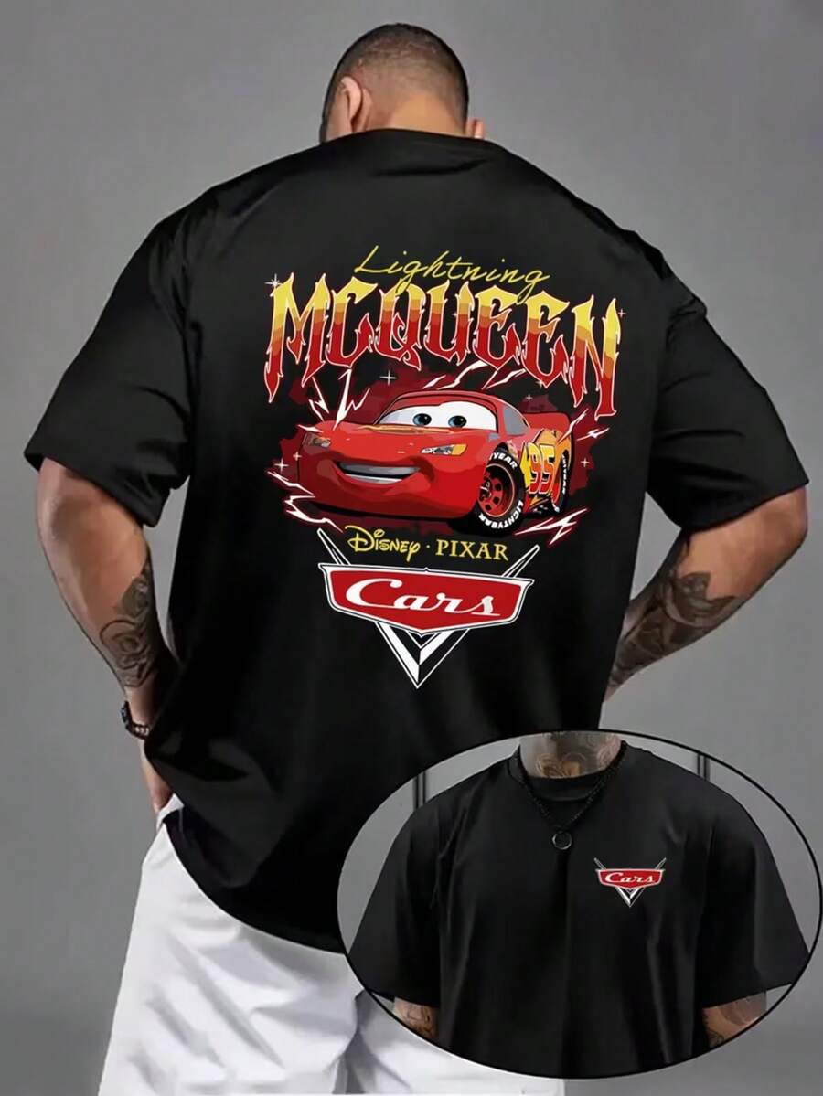 1 Disney Men's T-Shirt, Lightning McQueen Pattern Men's Short-Sleeved T-Shirt, Round Neck Casual And Comfortable T-Shirt, Breathable And Light, Suitable For Sports And Leisure Wear, Spring And Summer T-Shirt, Suitable For Gifts, Suitable For Travel And Parties. - màu đen - Xem 1