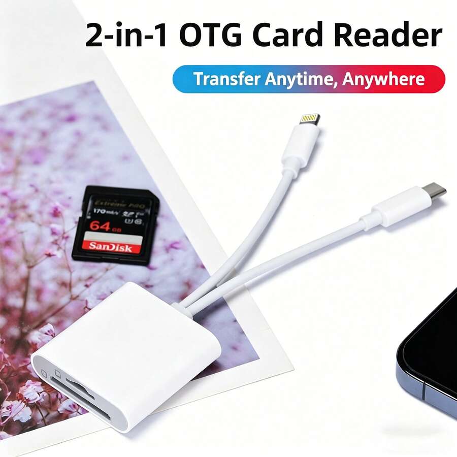 二合一SD卡读卡器USB闪存盘SD存储卡适配器Type-C和Lightning转换器,兼容、iPad、TF卡读卡器 - 白色 - 查看 1