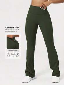 Pantalones acampanados elásticos para mujer, color verde oscuro sólido, diseño favorecedor y corte ajustado, tejido elástico y cómodo, ideal para baile, yoga, gimnasio, entrenamiento, actividades deportivas y uso diario en primavera - Marrón - Ver 10