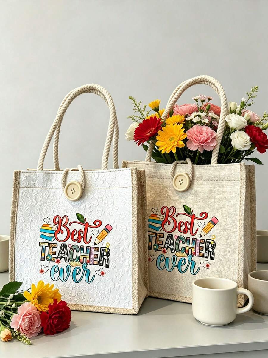 Best Teacher Floral Letter Print Linen Tote Bag, Teacher's Day Gift, Reusable Printed Tote Bag, Casual Commuter Tote Bag - Multicolor - View 1