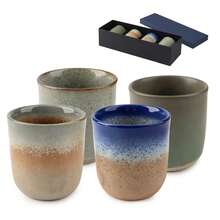Japanese Ceramic Tea Cup Set Of 4, Aesthetic Handmade Kiln Glaze No Handle Teacups, Vintage Multicolor Pottery Matcha Cup Coffee Cup Water Cup Wine Cup, Artisan Tea Set With Gift Box For Women Home Restaurant Birthday Gift Christmas Gift - Earth Color - View 10