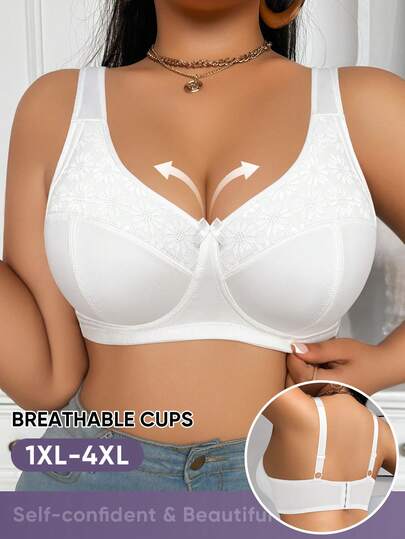 MEIYATING Plus Size Women's Floral Lace Patchwork Solid Color Adjustable Strap Soft Comfortable Daily Underwear Sexy Padded Bra