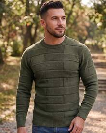 Men's Textured Knit Sweater, Winter Long Sleeve Round Neck Blouse, Modern Knit - 藍色牛仔褲 - 查看 4
