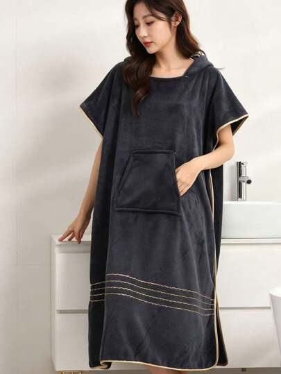 1pc Women's Soft Absorbent Hooded Sleeveless Solid Color Minimalist Oversized Bath Robe, Wearable Poncho For Bathing, Surfing, Beach, Outdoor Activities