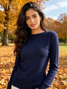 Women's Long-Sleeved Modal Knit Sweater Made From Imported Materials. - Navy Blue - View 1