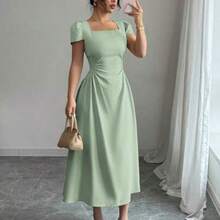 Women's Elegant Solid Color Square Neck Waist Cinched Casual/Formal Midi Dress With Puff Sleeves, Suitable For Commuting, Vacation, Afternoon Tea In Spring/Summer - verde menta - Ver 1