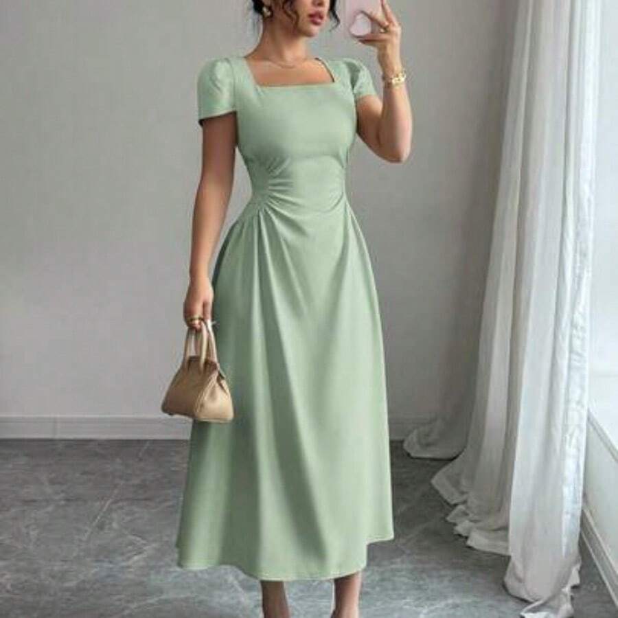 Women's Elegant Solid Color Square Neck Waist Cinched Casual/Formal Midi Dress With Puff Sleeves, Suitable For Commuting, Vacation, Afternoon Tea In Spring/Summer - verde menta - Ver 1