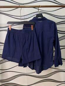 Linen Shirt And Shorts Set (2 Pieces) - Royal Blue - View 5