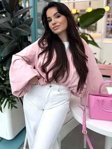 Women's Elegant Lantern Sleeve Baseball Jacket, Vintage Collar Zipper Jacket For Summer Outdoor Wear Pink - Hồng - Xem 7
