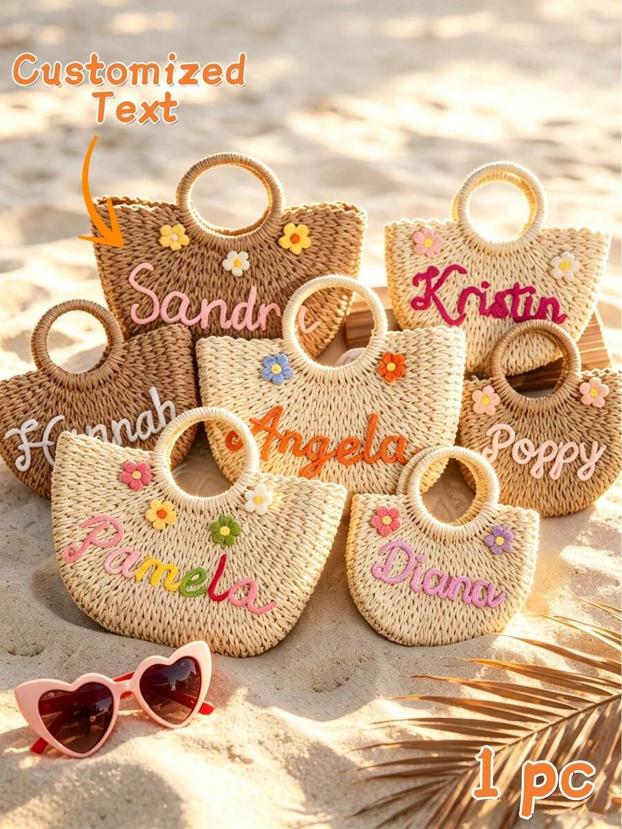 1 chiếc túi đi biển hình lưỡi liềm bằng rơm trang trí hoa theo yêu cầu, thích hợp cho kỳ nghỉ, đám cưới, tiệc tùng. - Nhiều màu - Xem 1
