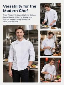 Premium Chef's Long Sleeve Work Uniform - Polyester Fabric, Machine Washable, Solid Color Mandarin Collar Design, Suitable For Chefs In Kitchen, Bakery, Restaurant, School Cafeteria - White - View 3