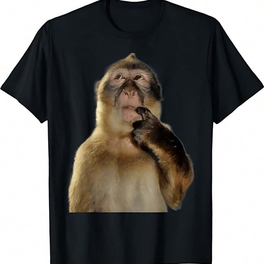 Thinking Monkey Funny Meme Cute T-Shirt - Black - View 1
