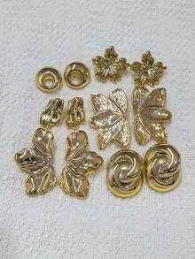 Set de 2/12 piezas de pendientes de metal dorado con elementos florales y geométricos de moda, set de pendientes elegantes para mujer, adecuado para uso diario y para ir al trabajo - Dorado - Ver 2