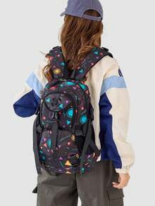 Ba lô đi học dành cho nữ | Ba lô nylon in họa tiết hình học phong cách Memphis cổ điển | Dây đeo thoáng khí có thể điều chỉnh | Túi đeo vai bền chắc | - Nhiều màu - Xem 2
