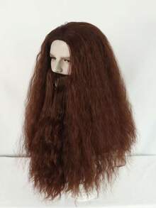 Brown Long Curly Wig With Beard Set For Men, Heat Resistant Silk Soft Matte Realistic Hair, Retro Wizard Style, Breathable Inner Cap Easy To Wear. Ideal For Halloween Party, Fantasy Cosplay, Stage Performance & Holiday Masquerade Men Full Head Wig. - Chocolate Brown - View 6