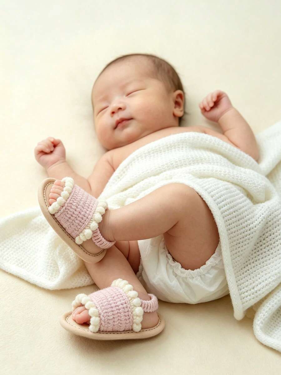 0-18个月女婴针织凉鞋，软底防滑夏季学步鞋，带毛绒球装饰，透气新生儿学步鞋