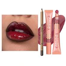 YOUNG VISION 1 Mirrored Moisturizing Lip Gloss & 1 Deep Matte Lip Liner Combo Set: Outline Lips, Create Full European & American Lip Makeup, Red & Black Contrast Lip Cosmetics - 彩色 - 查看 5