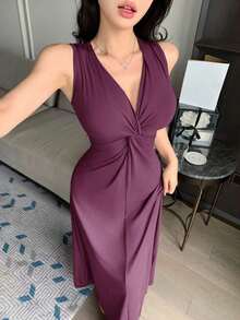 Vestido largo de punto ajustado sin mangas de unicolor minimalista para mujer - Morado - Ver 3