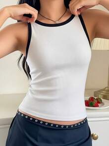 1pc All-Match Casual Comfortable Colorblock Ribbed Tank Top, Slim Fit Round Neck Sleeveless Undershirt, Versatile For Daily Wear All Seasons - White - View 5