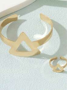 Conjunto Pulseira + Anel Feminino Geométrico Triângulo Minimalista Banhado a Ouro/Prata Elegante Ajustável - Dourado - Visão 4