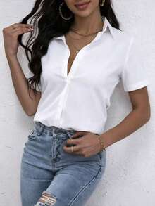 Women's White Short Sleeve Button Front Cotton Shirt Blouse, Regular Length Casual Shirt Summer Clothing - White - View 3