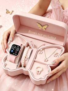 6/5 Reloj electrónico con pantalla LED con patrón de la Tierra, elegante y de moda, adecuado para que las niñas lo usen. Se puede combinar con un conjunto de joyería con forma de mariposa que incluye collar, pulsera, anillo y pendientes, adecuado para usar en fiestas, reuniones y viajes para consultar la hora, y también muy adecuado como regalo de cumpleaños, Navidad, inicio de clases, temporada de graduación, Día de San Valentín, Navidad, Día de la Madre para niñas. - Multicolor - Ver 15