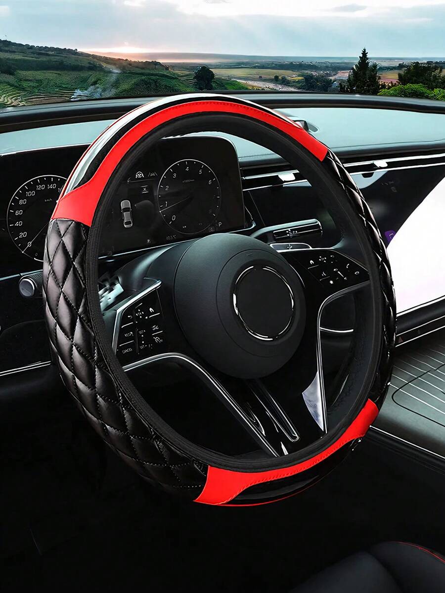 Bọc vô lăng xe hơi bằng da sợi carbon - Không có vòng trong, da PU mềm mại, đường khâu hình thoi, đường viền tương phản, tay cầm mềm mại với lớp lót chống trượt bên trong, phù hợp với vô lăng 14.5-15 inch, phụ kiện nội thất xe thể thao.
