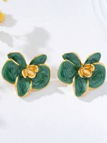 1 Pasang Anting Tusuk Kupu-kupu dan Bunga Anggrek Berenamel Paduan Logam Mewah 3D Modis - Hijau - View 4