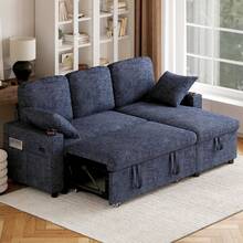 Corner Sofa Bed, L-Shaped Sleeper Sectional Couch Bed, 3 In 1 Chenille Convertible Pull Out Sofa Bed With Storage Chaise And Cup Holder For Living Room, Grey - Chenille Dark Blue - 3-seater - View 9