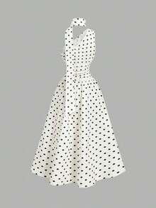 Vestido de verano de longitud media sin mangas con estampado de lunares elegante para mujer - Blanco y Negro - Ver 5