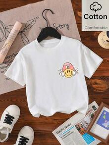 Modern Minimalist T-Shirt For Young Girl, Casual, Elegant, Comfortable, Simple, Fashionable, With Floral, Letter And Star Print, Short Sleeve, For Spring, Summer, School, Campus, Summer Vacation At University. - 白色 3 - 查看 2