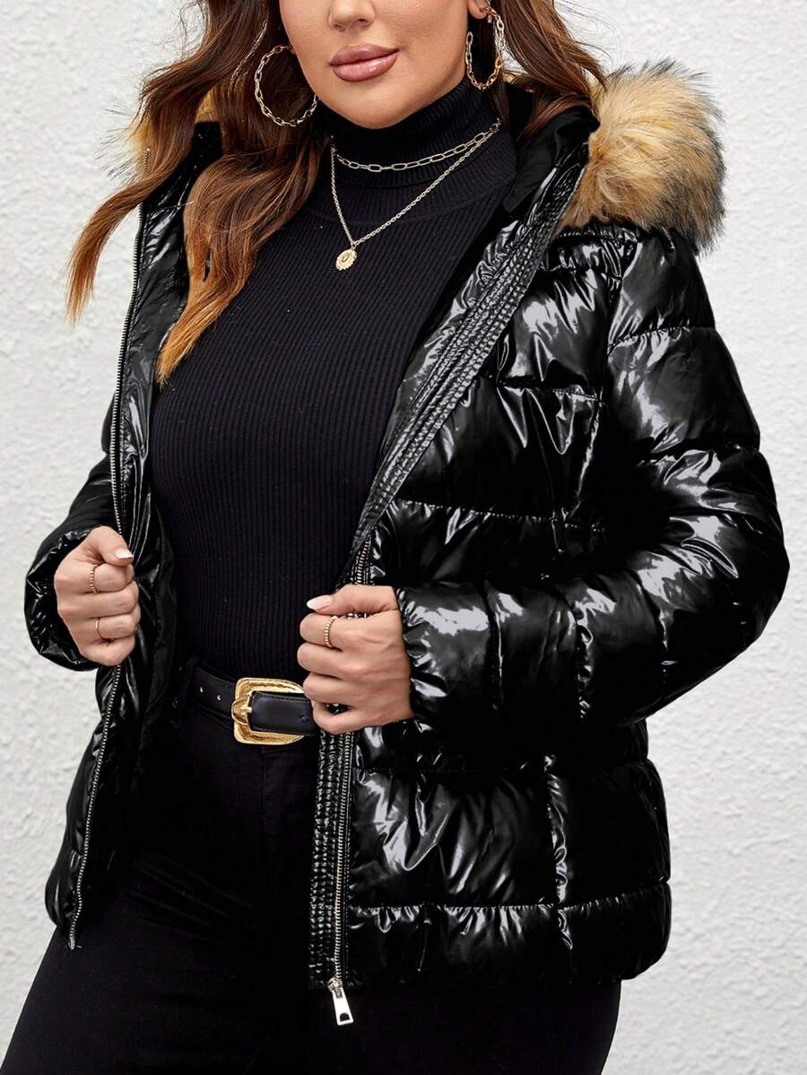 Women's Plus Size Winter Hooded Faux Fur Collar Detachable Zipper Pocket Quilted Padded Coat (Faux Fur) - Black - View 1