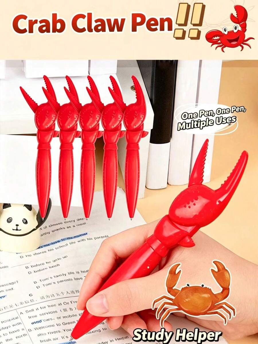 5pcs Creative Crab Claw Shaped Neutral Pens, Interesting Crab Clip Gel Pens, Retractable Crab Claw Ballpoint Pens, Novelty Stationery School Supplies - Crab Claws - View 1