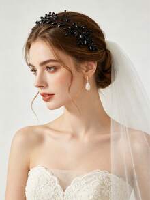 1 pièce Serre-tête feuille de cristal noir, coiffe de style gothique élégante, convient pour la mariée, le mariage, les bals, le style sombre des femmes, les accessoires capillaires, les festivals, les anniversaires - Noir - Voir 2
